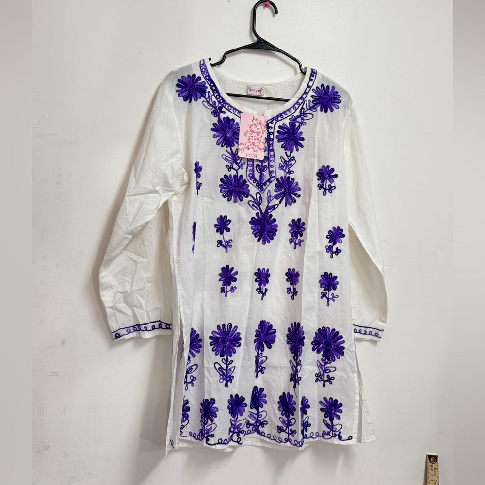 Viva Womens hand embroidered purple kurta print long sleeve embroidered top